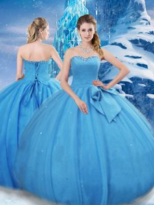 Sophisticated Floor Length Lace Up Sweet 16 Dress Baby Blue for Military Ball and Sweet 16 and Quinceanera with Bowknot