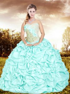 Flirting Aqua Blue Taffeta Lace Up Sweetheart Sleeveless Floor Length Ball Gown Prom Dress Beading and Pick Ups and Hand