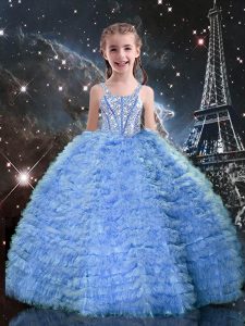 Baby Blue Straps Lace Up Beading and Ruffled Layers Little Girl Pageant Dress Sleeveless