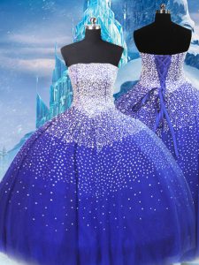 Captivating Ball Gowns 15th Birthday Dress Blue Strapless Tulle Sleeveless Floor Length Lace Up