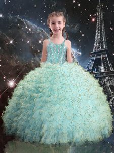 Straps Sleeveless Lace Up Little Girl Pageant Gowns Aqua Blue Organza