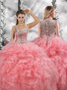 Floor Length Zipper Sweet 16 Quinceanera Dress Watermelon Red for Military Ball and Sweet 16 and Quinceanera with Beadin