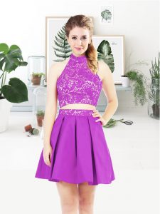 Two Pieces Prom Evening Gown Purple Halter Top Satin Sleeveless Mini Length Lace Up