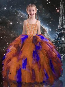 Wonderful Floor Length Lace Up Little Girls Pageant Gowns Orange Red for Quinceanera and Wedding Party with Beading and 