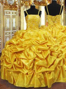 Popular Gold Sleeveless Beading and Pick Ups Floor Length Vestidos de Quinceanera