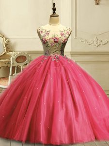 Floor Length Coral Red Quinceanera Dresses Scoop Sleeveless Lace Up