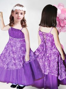 Fashion Spaghetti Straps Sleeveless High School Pageant Dress Ankle Length Ruching Eggplant Purple Organza and Fabric Wi