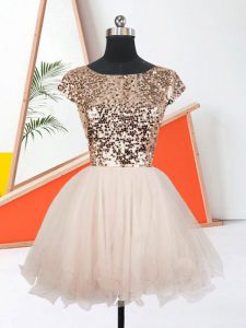 Peach Short Sleeves Sequins Mini Length Prom Dresses