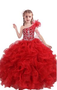 Ball Gowns Pageant Gowns For Girls Red One Shoulder Organza Sleeveless Floor Length Lace Up