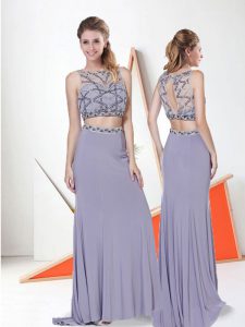 Sophisticated Grey Sleeveless Sweep Train Beading and Lace Prom Evening Gown