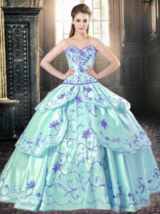 Sweetheart Sleeveless Quinceanera Dresses Floor Length Embroidery and Ruffled Layers Turquoise Taffeta
