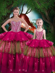 Delicate Fuchsia Organza Lace Up Sweetheart Sleeveless Floor Length Sweet 16 Quinceanera Dress Beading and Ruffled Layer