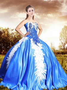 Floor Length Lace Up Sweet 16 Quinceanera Dress Blue for Military Ball and Sweet 16 and Quinceanera with Beading and App