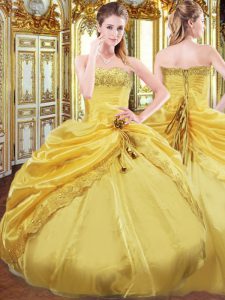 Attractive Floor Length Lace Up Quinceanera Dress Gold for Military Ball and Sweet 16 and Quinceanera with Beading and P