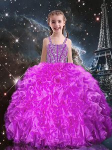 Luxurious Fuchsia Child Pageant Dress Quinceanera and Wedding Party with Beading and Ruffles Straps Sleeveless Lace Up