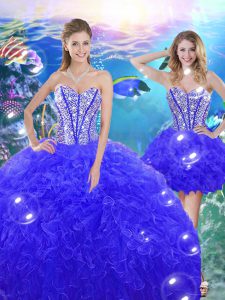 Charming Organza Sweetheart Sleeveless Lace Up Beading and Ruffles Vestidos de Quinceanera in Blue