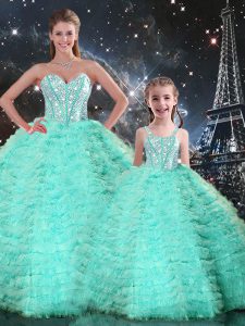 Latest Apple Green Tulle Lace Up 15th Birthday Dress Sleeveless Floor Length Beading and Ruffles