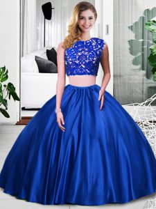 Floor Length Zipper Quinceanera Gowns Royal Blue for Military Ball and Sweet 16 and Quinceanera with Lace and Ruching