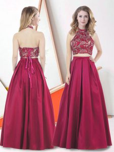 Custom Made Burgundy Sleeveless Floor Length Lace Lace Up Prom Dresses