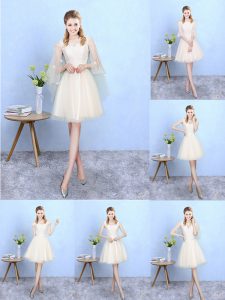 Superior V-neck Cap Sleeves Lace Up Wedding Party Dress Champagne Tulle