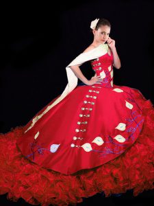Brush Train Ball Gowns Quince Ball Gowns Red V-neck Taffeta Sleeveless Lace Up