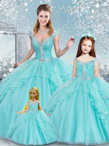 Sumptuous Aqua Blue Tulle Lace Up Quinceanera Gowns Sleeveless Floor Length Sashes ribbons and Sequins
