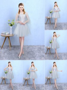 Sleeveless Lace Up Knee Length Lace Bridesmaid Dress