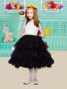 Scoop Sleeveless Flower Girl Dresses for Less Knee Length Beading and Ruffles and Ruffled Layers White And Black Organza