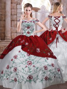 Custom Fit Embroidery and Ruffled Layers Quinceanera Dresses White And Red Lace Up Sleeveless Floor Length