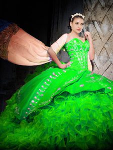 Fashion Green Lace Up Sweet 16 Dresses Embroidery and Ruffles Sleeveless With Brush Train