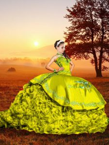 Yellow Green Ball Gowns Organza Sweetheart Sleeveless Embroidery and Ruffles Lace Up Quince Ball Gowns Brush Train