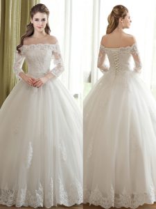 Cute 3 4 Length Sleeve Lace Up Floor Length Lace and Appliques Bridal Gown