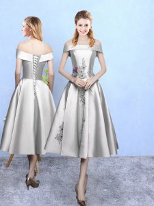 Silver A-line Off The Shoulder Sleeveless Taffeta Tea Length Lace Up Appliques Bridesmaids Dress