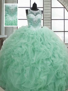 Fabulous Apple Green Organza Lace Up Scoop Sleeveless Floor Length Quinceanera Dress Beading and Ruffles