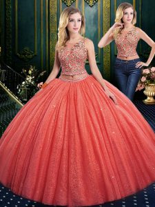 Dynamic Coral Red Two Pieces Appliques Wedding Dresses Lace Up Tulle Sleeveless Floor Length