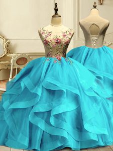 Modest Aqua Blue Organza Lace Up Quinceanera Dresses Sleeveless Floor Length Appliques and Ruffles