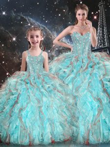 Dramatic Organza Sweetheart Sleeveless Lace Up Beading and Ruffles Quince Ball Gowns in Aqua Blue