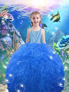 Floor Length Lace Up Girls Pageant Dresses Baby Blue for Quinceanera and Wedding Party with Beading and Ruffles