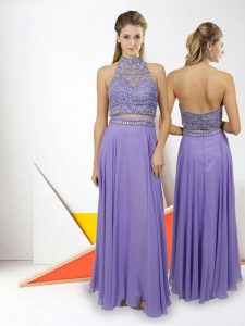 Lavender Sleeveless Mini Length Beading Backless Homecoming Dress
