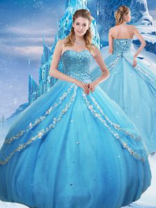 Custom Designed Sleeveless Tulle Floor Length Lace Up 15th Birthday Dress in Baby Blue with Beading and Appliques and Se