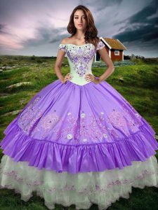 Floor Length Lavender Ball Gown Prom Dress Taffeta Sleeveless Beading and Embroidery and Ruffled Layers