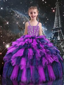 Sleeveless Lace Up Floor Length Beading and Ruffles Kids Formal Wear