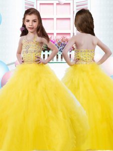 Beading and Ruffles Pageant Gowns For Girls Yellow Zipper Sleeveless Floor Length