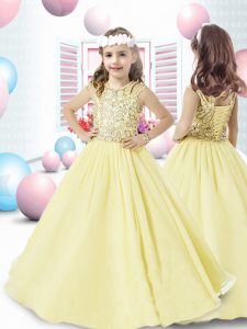 Cheap Sleeveless Floor Length Beading and Appliques Lace Up Little Girl Pageant Dress with Light Yellow