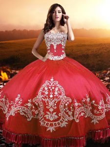 Coral Red Taffeta Lace Up Strapless Sleeveless Floor Length Quinceanera Dresses Beading and Appliques and Embroidery