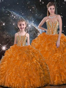 Floor Length Lace Up 15th Birthday Dress Orange for Military Ball and Sweet 16 and Quinceanera with Beading and Ruffles