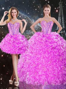 Three Pieces Quince Ball Gowns Fuchsia Sweetheart Organza Sleeveless Floor Length Lace Up