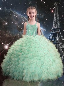 Custom Designed Turquoise Ball Gowns Organza Straps Sleeveless Beading and Ruffles Floor Length Lace Up High School Page