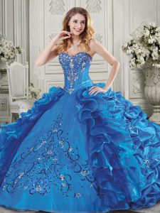 Blue Taffeta Lace Up Quince Ball Gowns Sleeveless Floor Length Sequins and Pick Ups