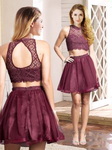 Graceful Tulle High-neck Sleeveless Zipper Lace Bridal Gown in Burgundy